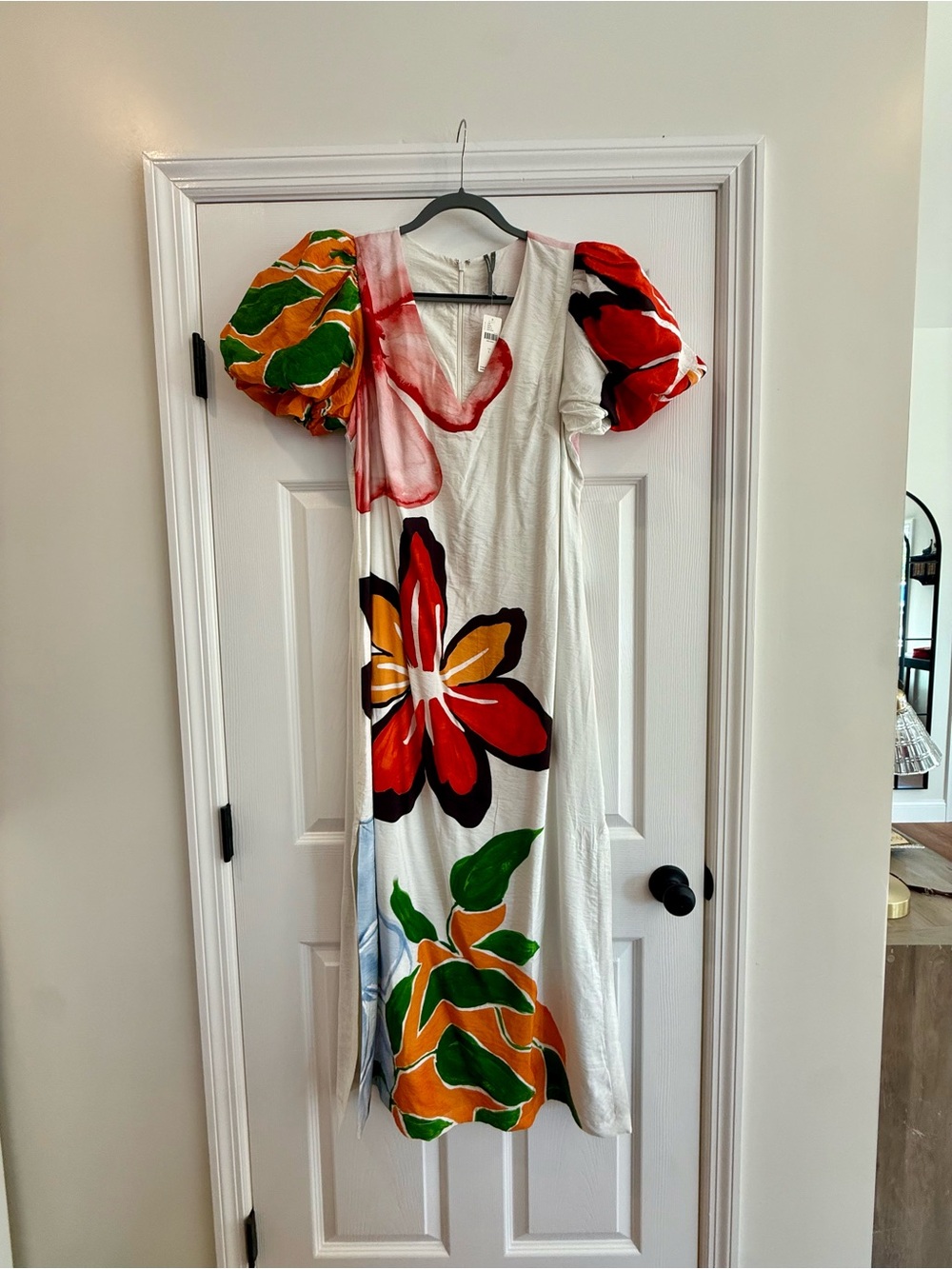 Anthropologie White Maxi Dress with Bold Red, Orange & Green Floral Print